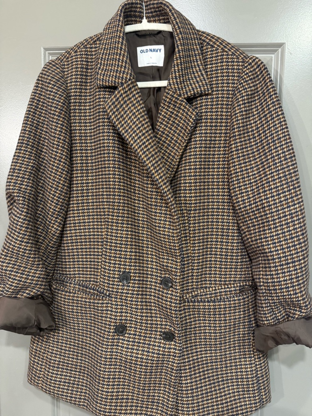 Old Navy Brown and Cream Houndstooth Peacoat
